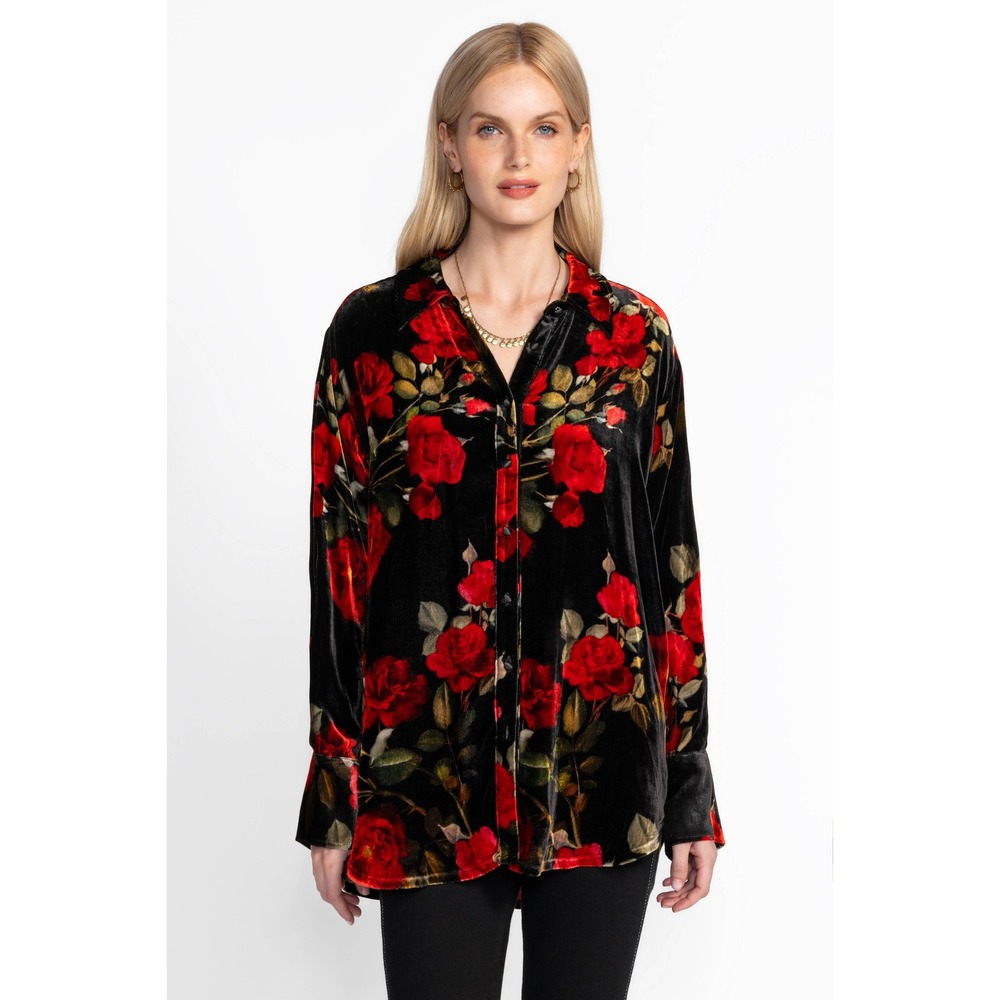 Johnny Was Velvet Rosana Floral Rose Button Down Relaxed Fit Shirt Black Red XXL